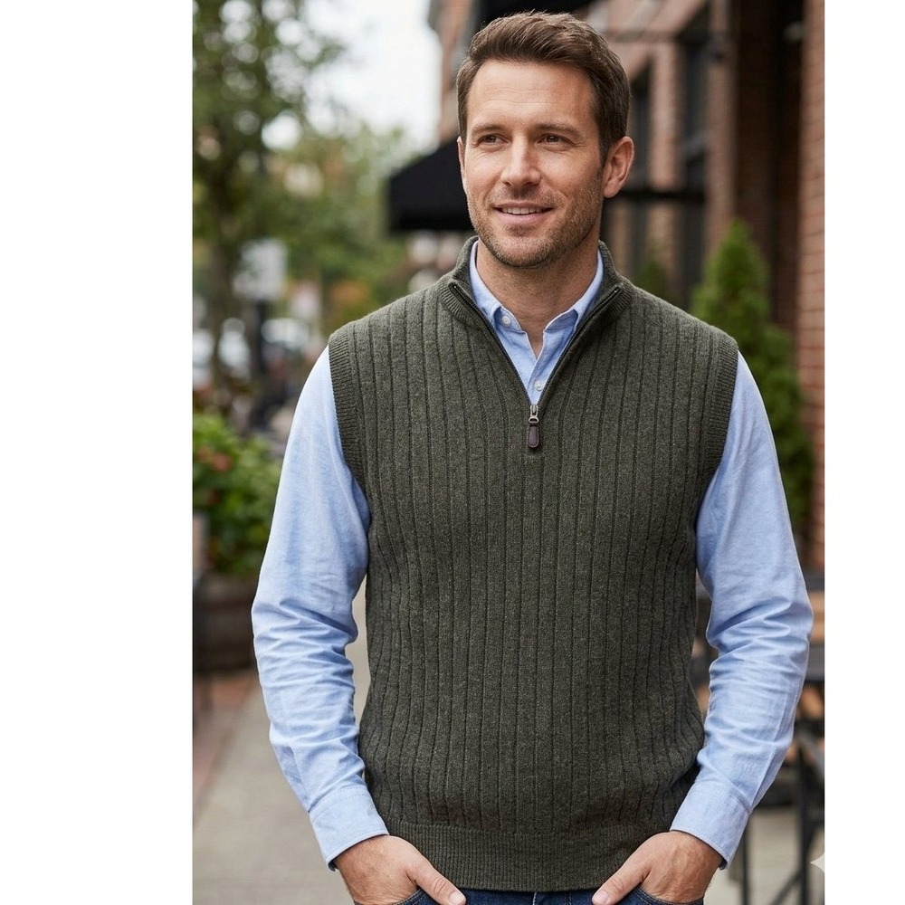 Peru Unlimited Baby Alpaca Links Stitch Ribbed 1/4 Zip Sweater Vest Men XL Green